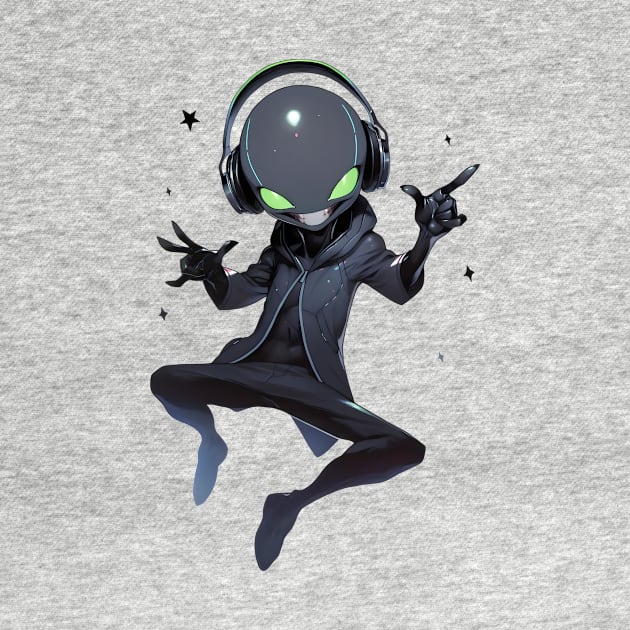 An alien is listening to music in headphones by Logard